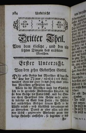 Erster Unterricht. Von den zehn Gebothen Gottes. - Achter Unterricht. Von dem vierten Gebothe, Du sollst Vater und Mutter ehren.