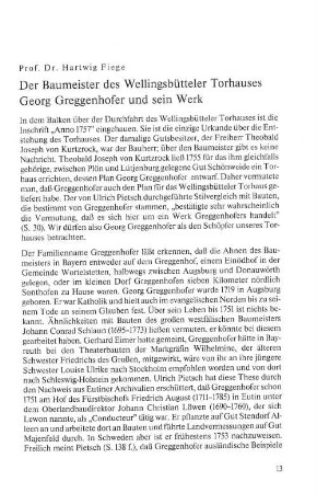 Der Baumeister des Wellingsbütteler Torhauses Georg Greggenhofer und sein Werk