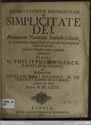 Dissertationem pneumaticam de simplicitate Dei