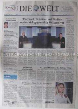 Tageszeitung "Die Welt" aus dem Vorfeld der Bundestagswahl ("TV-Duell")