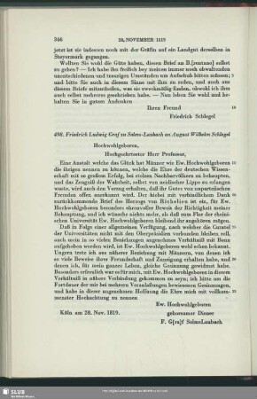 Friedrich Ludwig Christian zu Solms-Laubach an August Wilhelm von Schlegel, Köln, 28.11.1819