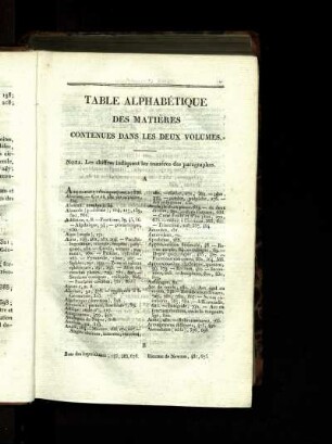 Table Alphabétique des Matières Contenues dans les deux Volumes.