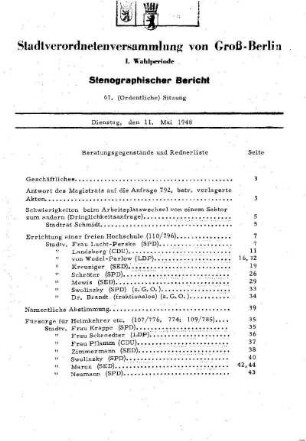 Nr. 67, 11. Mai 1948, Ordentliche Sitzung