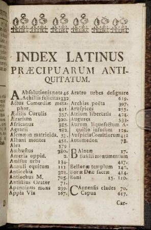 Index Latinus Præcipuarum Antiquitatum.
