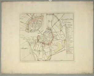 Stadtplan von Dresden, Altstadt und Neustadt, mit den Vorstädten, einem Entwurf zur Auflassung der Befestigungsanlagen und einer Legende