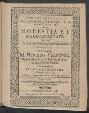 Nobilium Quaestionum Ethicarum Decas IIX. De Modestia Et Magnanimitate