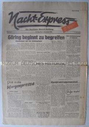 Erste Ausgabe der Berliner Abendzeitung "Nacht-Express" u.a. zum Kriegsverbrecherprozess in Nürnberg