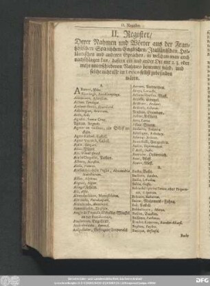II. Register, Derer Nahmen und Wörter aus der Frantzösischen, Spanischen, Englischen, Italiänischen, Holländischen und anderen Sprachen, in welchem man auch nachschlagen kan, dafern ein und ander Ort mit 2. 3. oder mehr unterschiedenen Nahmen benennet wird, und solche nicht alle im Lexico selbst zubefinden wären.
