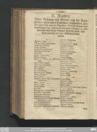 II. Register, Derer Nahmen und Wörter aus der Frantzösischen, Spanischen, Englischen, Italiänischen, Holländischen und anderen Sprachen, in welchem man auch nachschlagen kan, dafern ein und ander Ort mit 2. 3. oder mehr unterschiedenen Nahmen benennet wird, und solche nicht alle im Lexico selbst zubefinden wären.