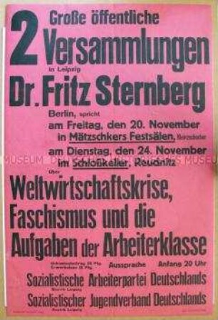Maueranschlag zu zwei politischen Veranstaltung der Sozialistischen Arbeiterpartei Deutschlands
