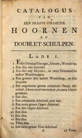Catalogus van een seer fraay beroemt ... Cabinet van alle ... Sorten van Hoorens ... : verzamelt van Nic. Anderson