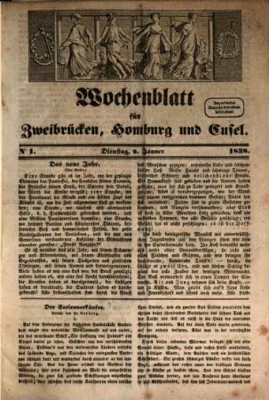 Wochenblatt für Zweibrücken, Homburg und Cusel. 1838, 1838