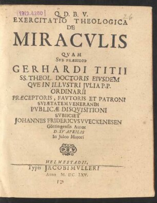 Exercitatio Theologica De Miraculis