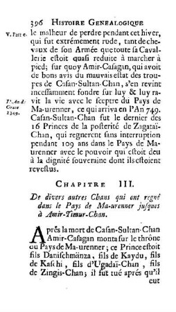 Chapitre III. De divers autres Chans qui ont regné dans le Pays de Ma-urenner jusques à Amir-Timur-Chan