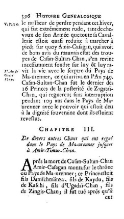 Chapitre III. De divers autres Chans qui ont regné dans le Pays de Ma-urenner jusques à Amir-Timur-Chan