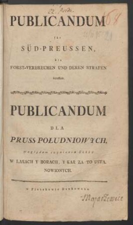 Publicandum für Süd-Preussen, die Forst-Verbrechen Und Deren Strafen betreffend