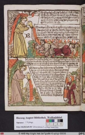 Oben: Ausgießung der vierten Schale des Zorns (Offenb. 16,8). Unten: Die Ausgießung der fünften Schale (Offenb. 16,10).