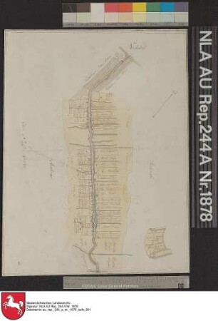 Plan von der Kolonie MOORDORF Kolorierte Zeichnung von Moorvogt Köhnemann Papier auf Leinen Format 39,6x30,2 M 1:5.000 (ca)