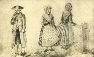 Zeichnung, drei Personen in Volkstracht. Herr mit Hut und Gehrock. Zwei Damen in Kleid. Halbtotale
