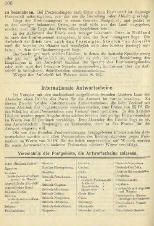 Verzeichnis der Postgebiete, die Antwortscheine zulassen