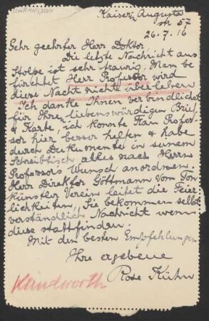 Brief an Ludwig Strecker und Ludwig Strecker (senior) an B. Schott's Söhne : 26.07.1916