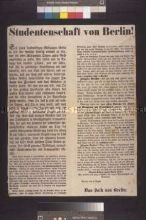 Maueranschlag: Studentenschaft von Berlin! Das Volk von Berlin zum Engagement der Studenten in republikanischen und constitutionellen Rotten; Berlin, 3. August 1848