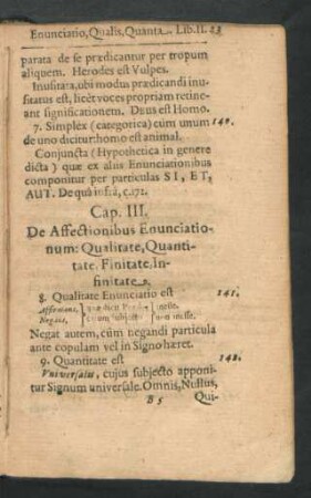 Cap. III. De Affectionibus Enunciationum: Qualitate, Quantitate, Finnitate, Infinitate.