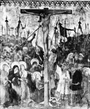 Mittelbild mit Kreuzigung Christi von einem Flügelaltar : Mittelbild mit Kreuzigung Christi von einem Flügelaltar. Tafelmalerei, Tempera, Goldgrund, Holz (1470/1480). Maikammer, Pfarrkirche Sankt Cosmas und Damian, Langhaus (Nordwand)