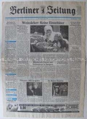 Fragment der "Berliner Zeitung" u.a. zu Reaktionen auf einen neofaschistischen Brandanschlag auf ein Ausländerwohnheim in Solingen