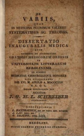 De Variis, Quae In Medicina Plurimum Valuere Systematibus Ac Theoriis : Dissertatio Inauguralis Medica
