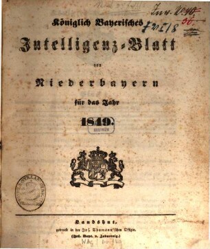 Königlich Bayerisches Intelligenzblatt von Niederbayern. 1849