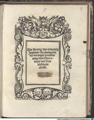 Ain Predig und Ermanung Joannis Oecolampadii von wirdiger Ereenbietung dem Sacrament des Fronleichnam Christi
