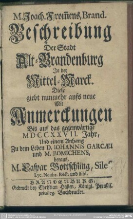 M. Joach. From[m]ens, Brand. Beschreibung Der Stadt Alt-Brandenburg In der Mittel-Marck