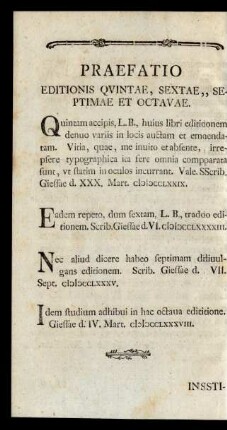 Praefatio Editionis Quintae, Sextae,, Septimae Et Octavae