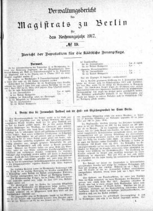 No. 19. Bericht der Deputation für die städtische Irrenpflege