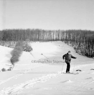 Kneeden: Hänge am Forst: vorn rechts Skifahrer: hinten Wald: Winter