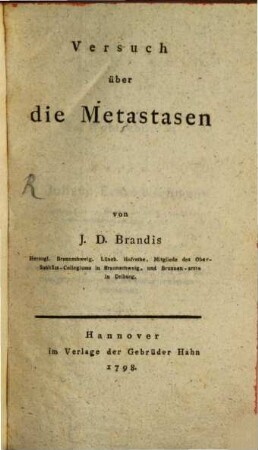 Versuch über die Metastasen