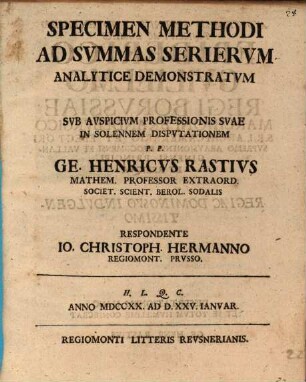 Specimen methodi ad summas serierum analytice demonstratum