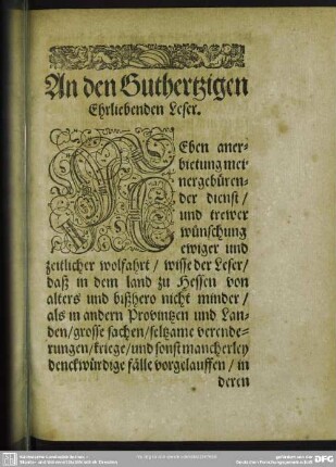 An den Gutherzigen Ehrliebenden Leser