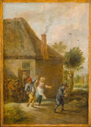 Tanzende Bauern vor einem Wirtshaus