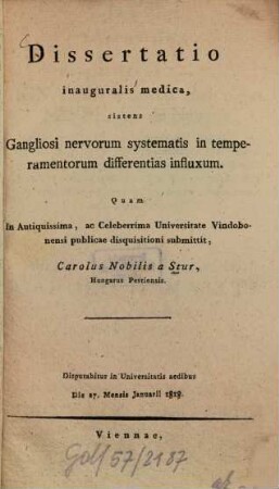 Diss. inaug. med. sistens gangliosi nervorum systematis in temperamentorum differentias influxum