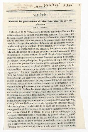 Publikationsfragment "Théorie des phénomènes de structure observés sur les glaciers" von Tyndall mit Notizen von Humboldts Hand, nebst beschriftetem Umschlag.