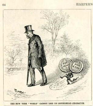 The New York World cannot lose it's Copperhe ad character : eine Schlange mit zwei Köpfen, die als Centmünzen dargestellt werden, kriecht hinter General Grant her, der an Krücken geht