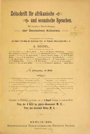 Zeitschrift für afrikanische und oceanische Sprachen : mit besonderer Berücksichtigung d. deutschen Kolonien. 1. 1895