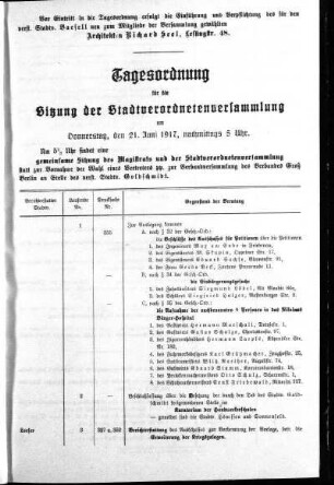 Anlage: Tagesordnung für die Sitzung, 16. Juni 1917