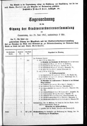 Anlage: Tagesordnung für die Sitzung, 16. Juni 1917