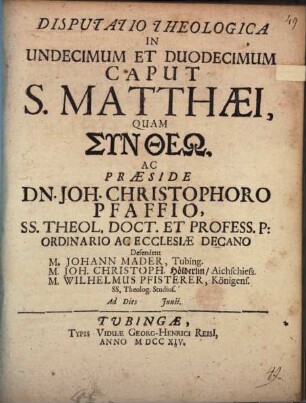 Disp. theol. in undecimum et duodecimum caput S. Matthaei