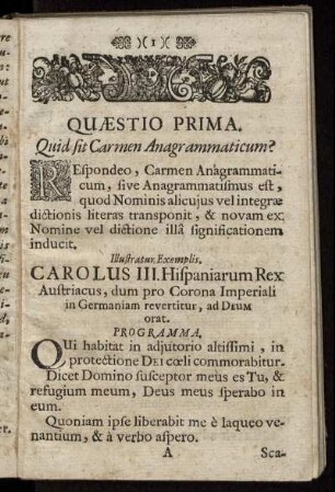 Quæstio Prima. Quid sit Carmen Anagrammaticum?