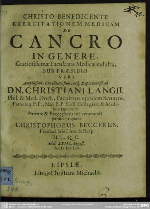 Exercitationem medicam de cancro in genere