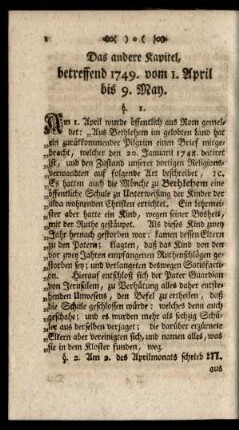 Das andere Kapitel, betreffend 1749. vom 1. April bis 9. May